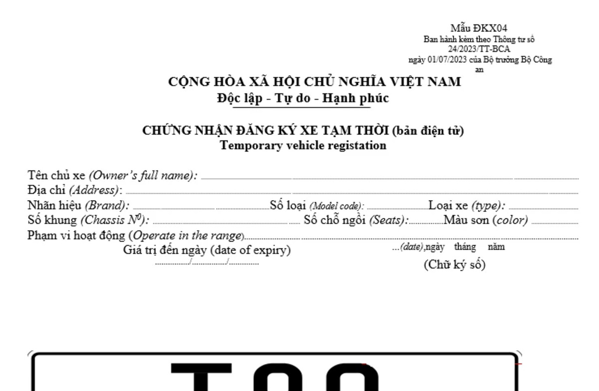 Giấy chứng nhận đăng ký xe tạm thời có thời hạn sử dụng tối đa 30 ngày 
