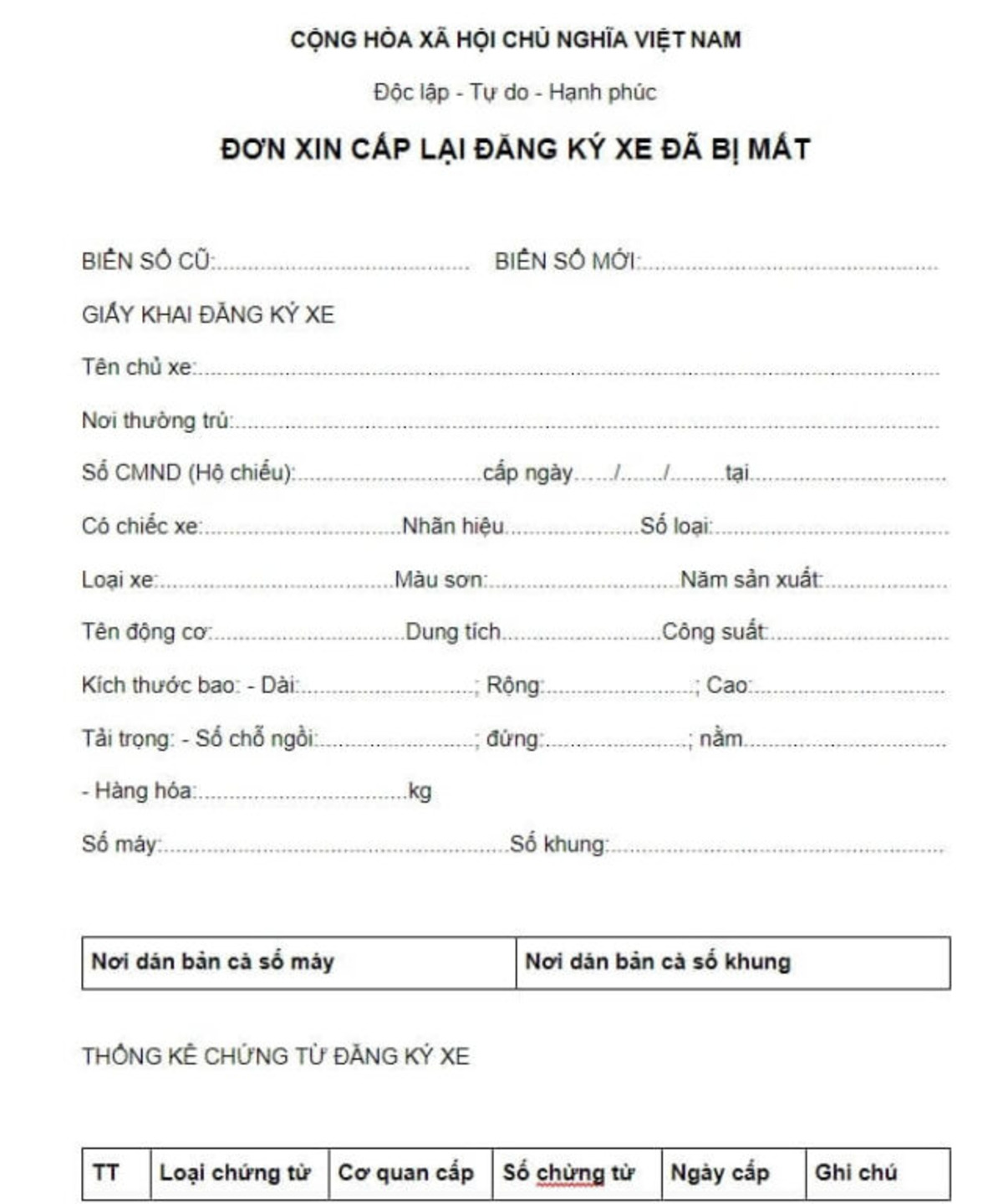 Đơn xin cấp lại đăng ký xe
