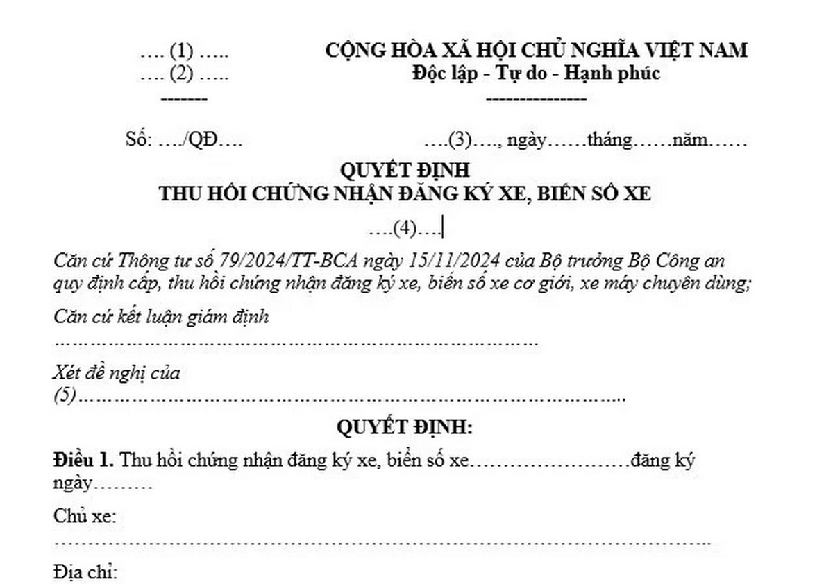 Quyết định thu hồi đăng ký, biển số xe